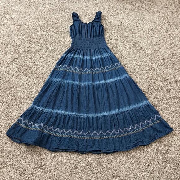 Smocked Navy Blue Tiered Maxi Dress with Button Front - Picture 2 of 3